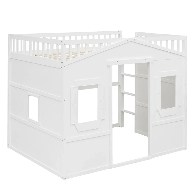 Full Size House Loft Bed, Wood House Bed Frame with Windows, Child Loft Bed with Ladder and Safety Guardrails