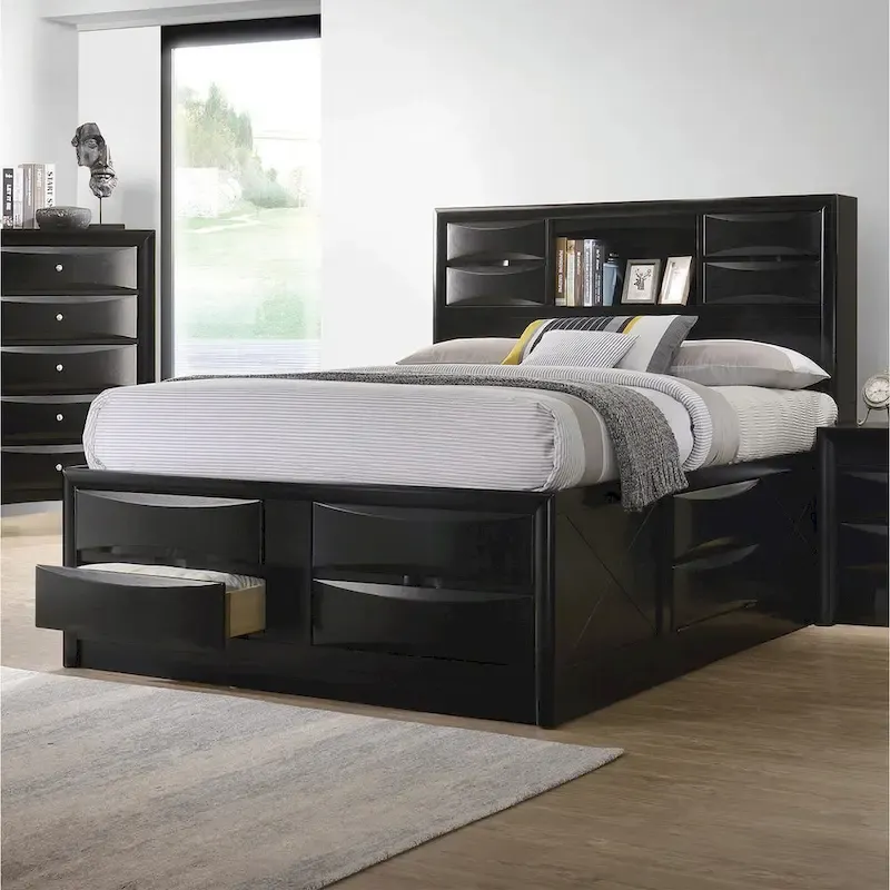 Wood Bed with Storage Drawers in Black