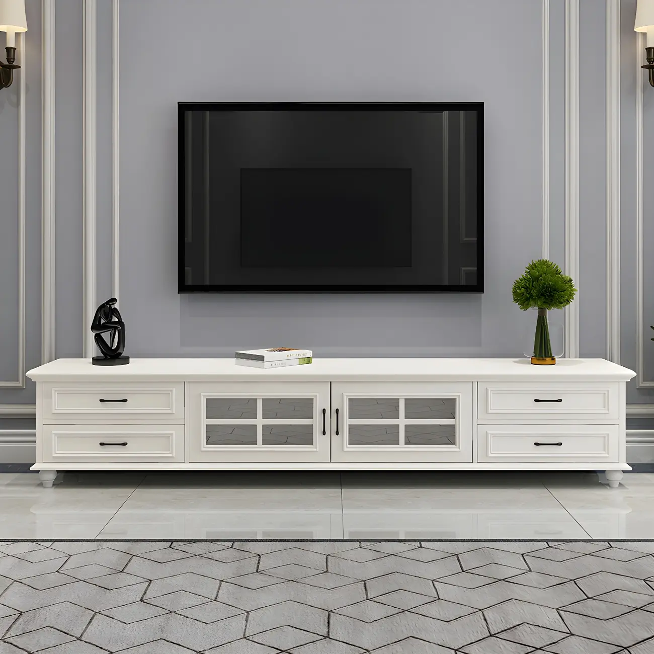 63 Adjustable White Wood TV Stand with Cable Management