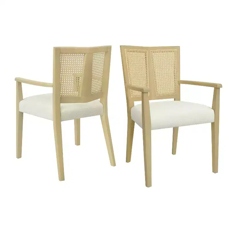 Beige/Dark Brown Upholstered Dining Arm Chairs with Rattan Back, Set of 2