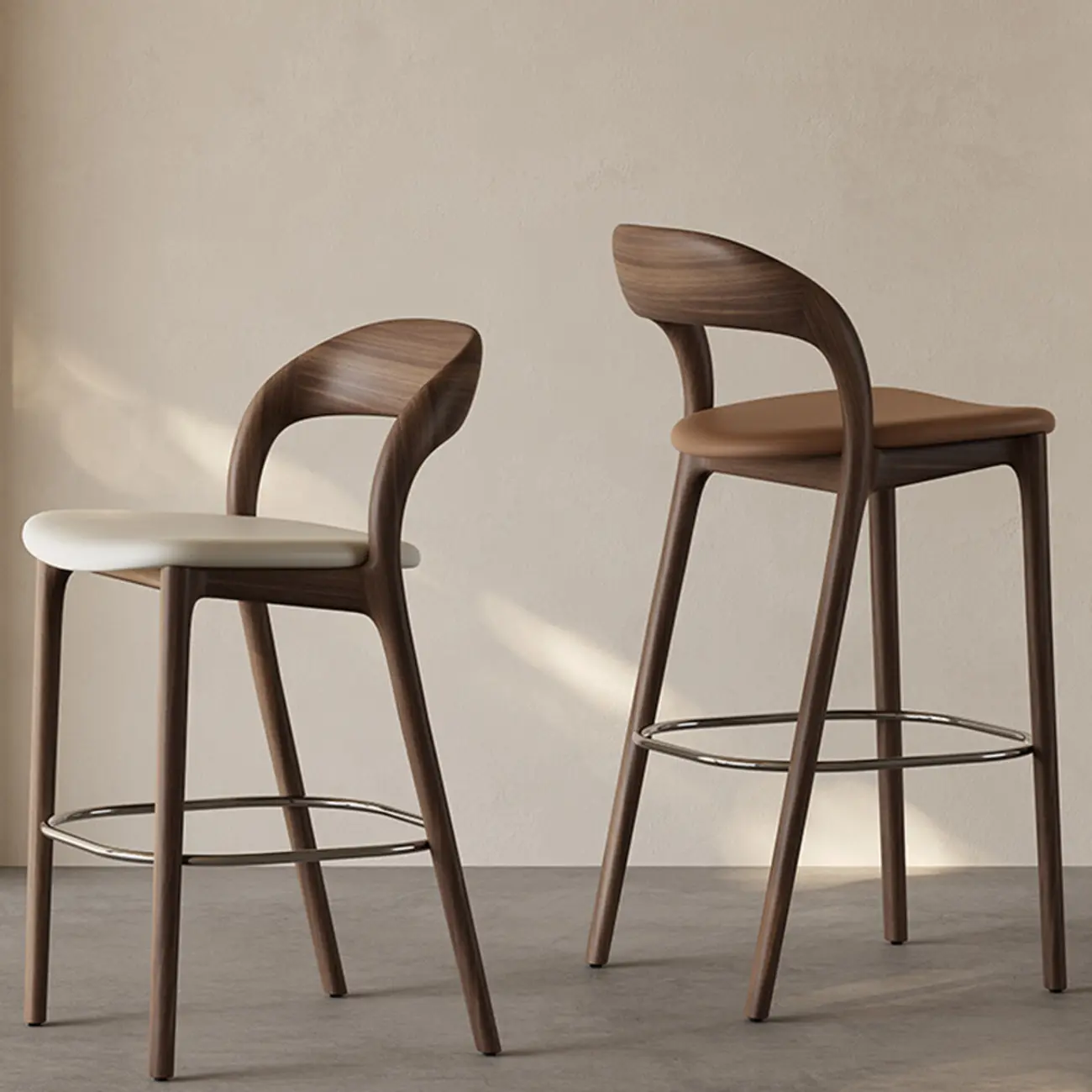 Mid-Century Modern Wood Faux Leather Bar Stool