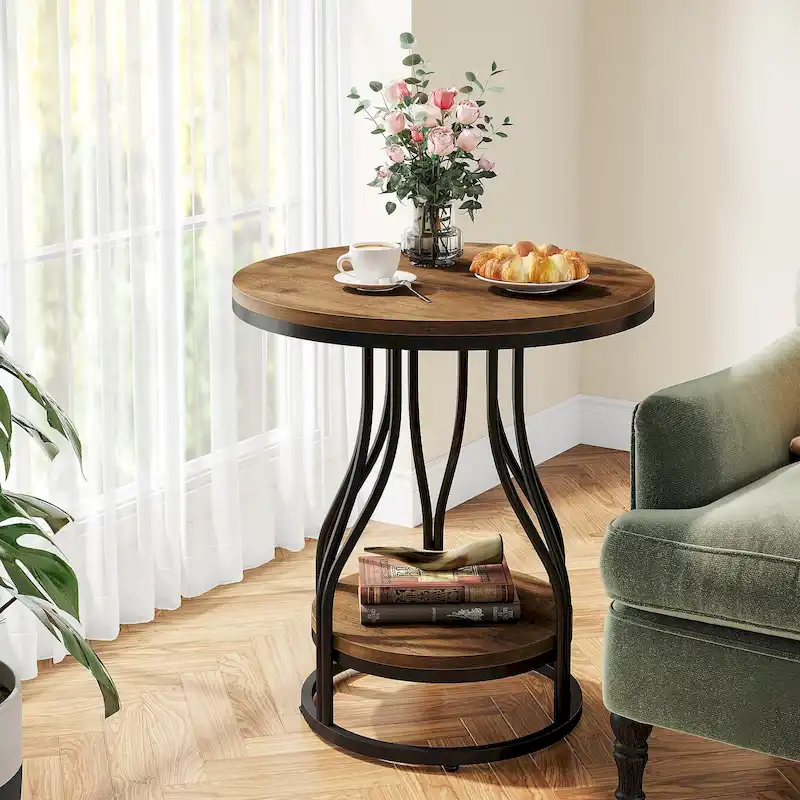 2-Tier Faux Marble Round End Side Table with Stylish Metal Frame,Modern Simple Bedside Nightstand Accent Tables