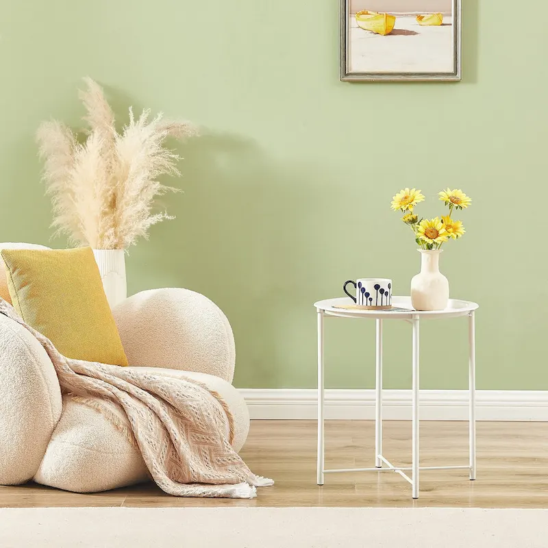 Modern Side Table with Round Removable Tray, Beige