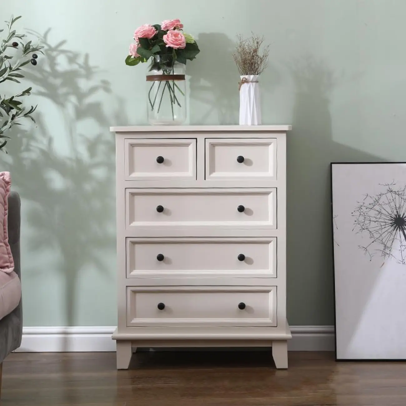 Elegant Wooden 9-Drawer White Dresser with Metal Handle