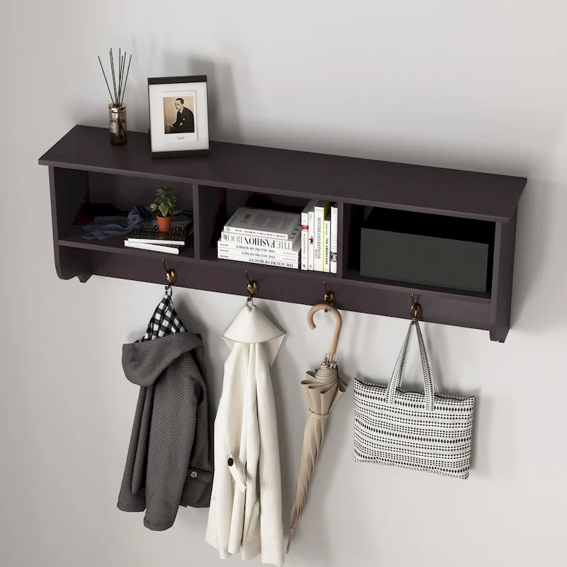 Wall Mounted Coat Rack with 4 Dual Hooks and Wooden Shelf