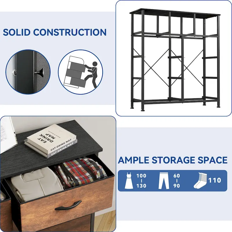 Moasis Rustic Wood-grain Badroom Dresser with Metal Frame, Wooden Top