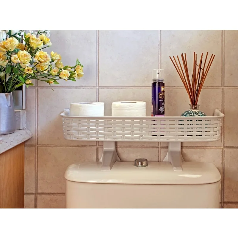 White Rattan-Style Recycled Plastic Over-Toilet Bathroom Shelf