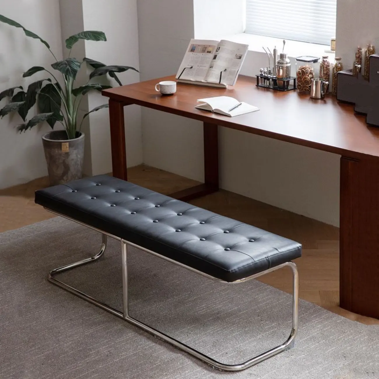 Modern Rectangular Cushioned Leather Bedroom Bench