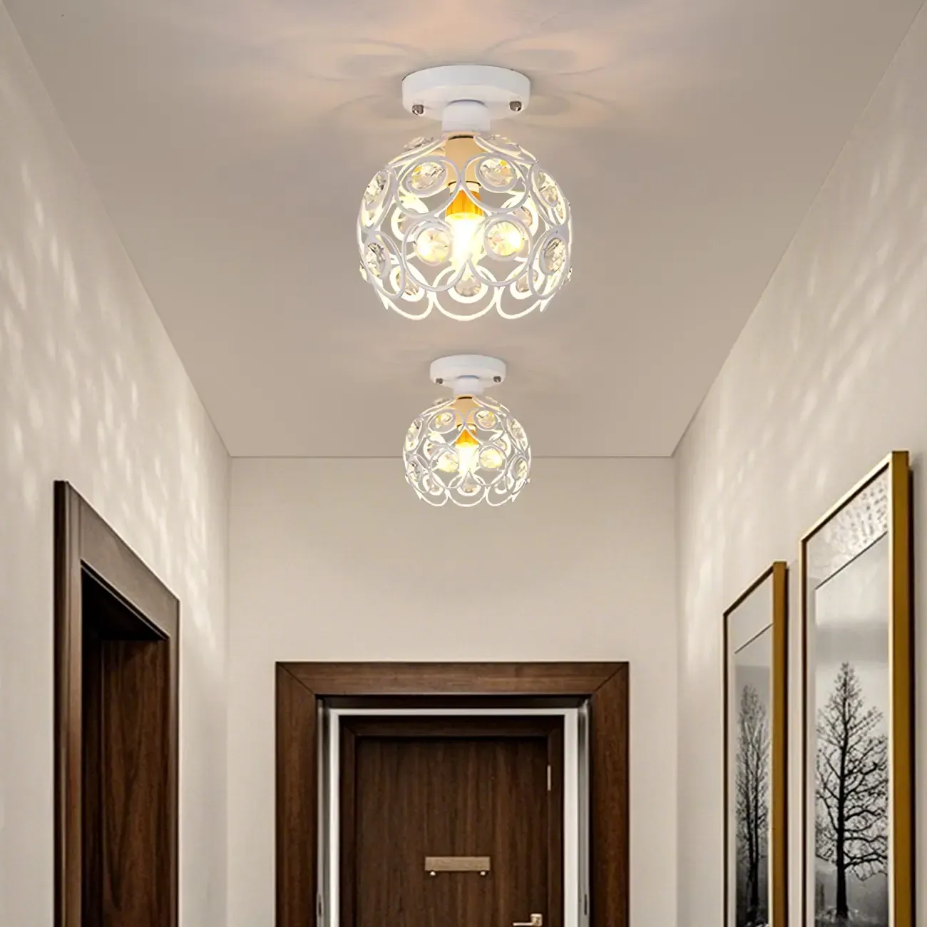 Industrial Hollow Dome Semi Flush Ceiling Light with Crystal