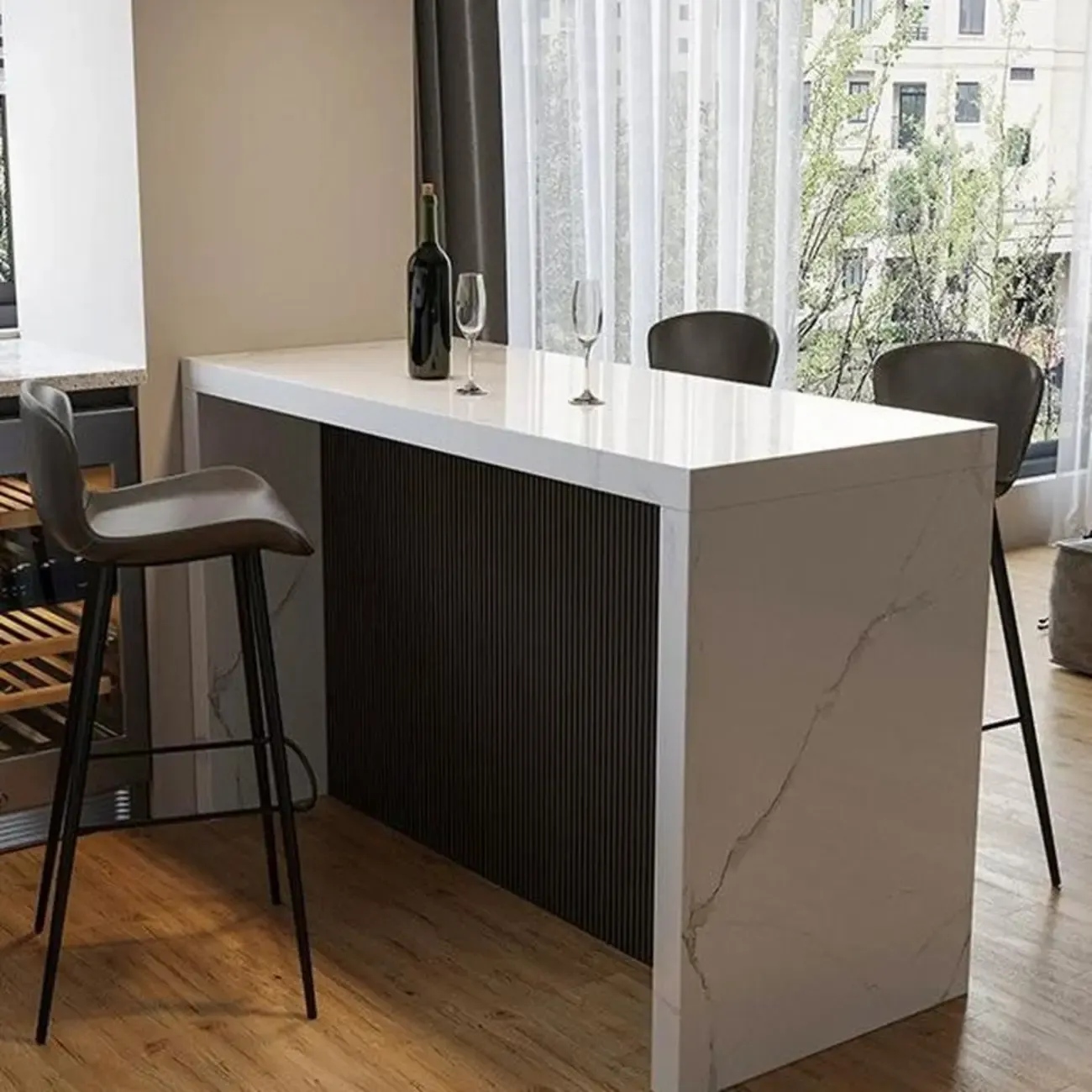 Modern Gloss White Stone Black Wood Sled Bar Tables