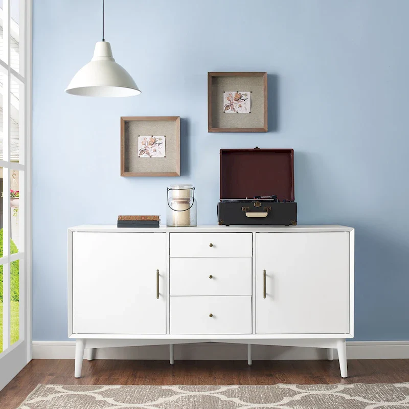 White Mid-Century Modern Sideboard with 2 Cabinets, 3 Drawers & Tapered Legs
