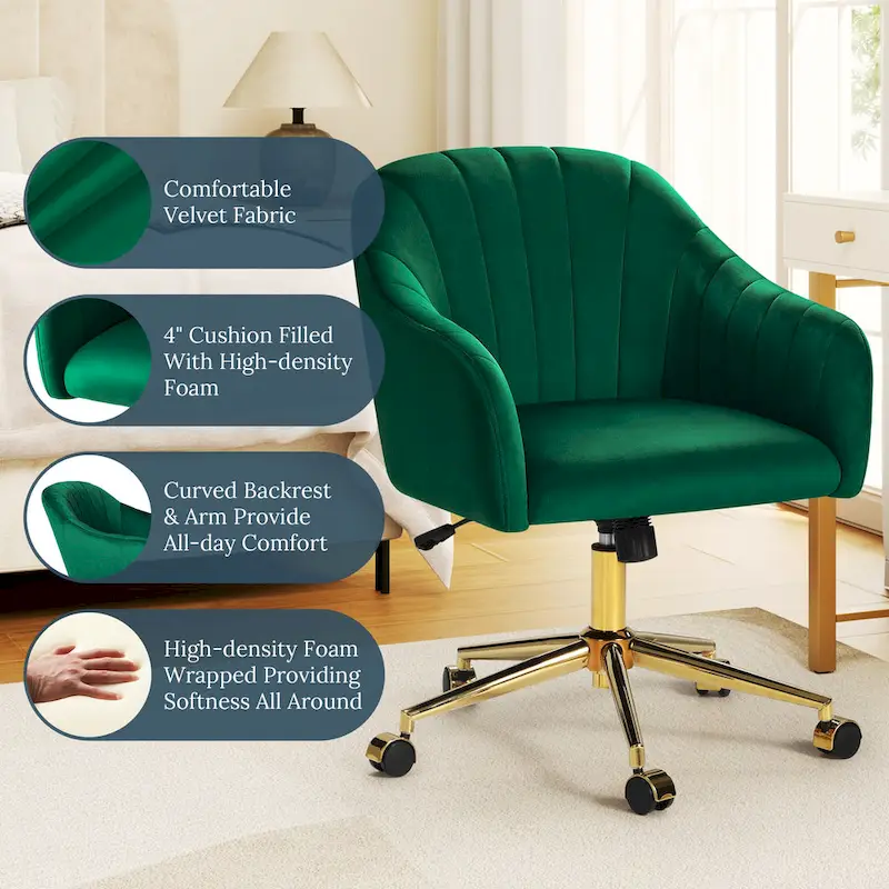 Farrah Velvet Tufted Adjustable Height Swivel Office Vanity Chair with Gold Base