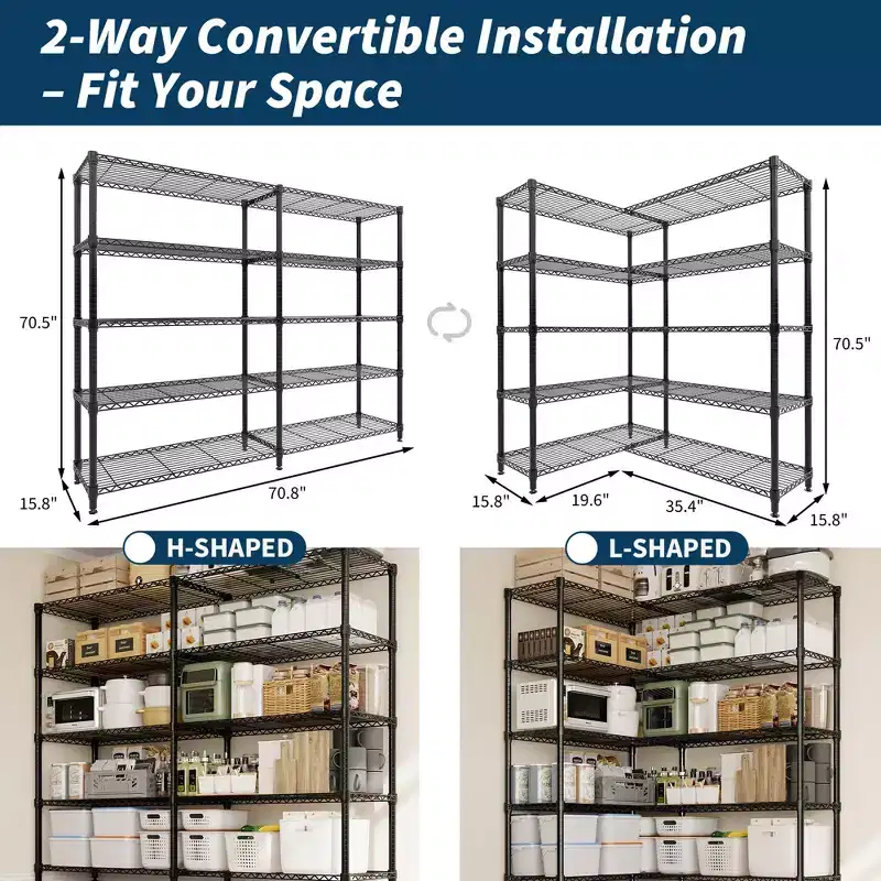 71 W Storage Shelves,5 Tier Metal Shelving Unit Heavy Duty Wire Shelving Adjustable Pantry Shelves Kitchen Shelf for Kitchen Pantry Garage Commercial