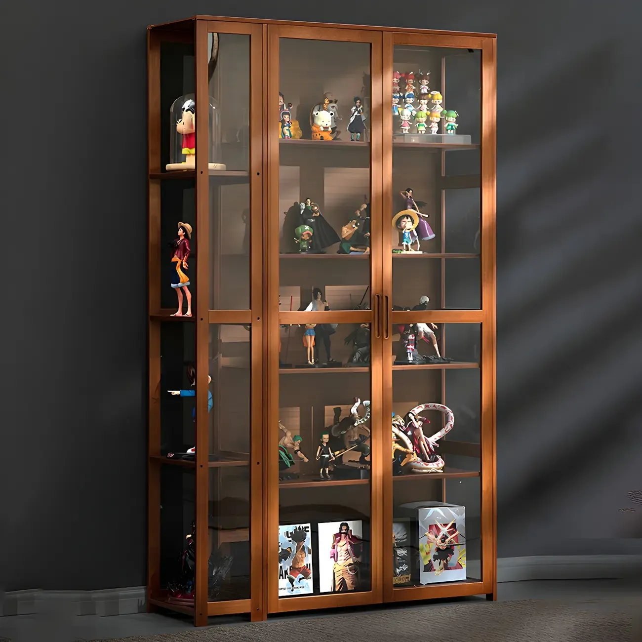 7 Shelves Tan Bamboo Glass Open Storage Display Cabinet