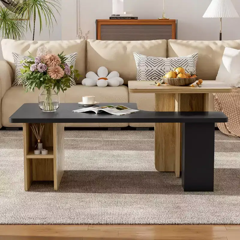 Coffee Table for Living Room Set of 2, Natural Wood and Finish Modern Nesting Rectangle Tables with Storage Shelf - Panipeachy