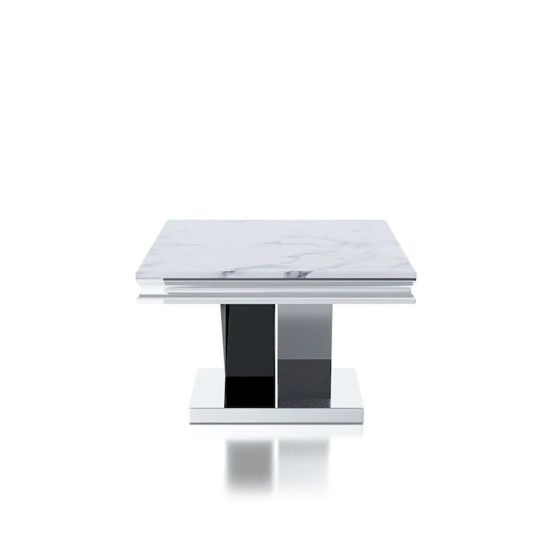 51-Inch Glam Faux Marble Top Coffee Table with Chrome V-Style Pedestal Base, Stainless Steel for Living Room