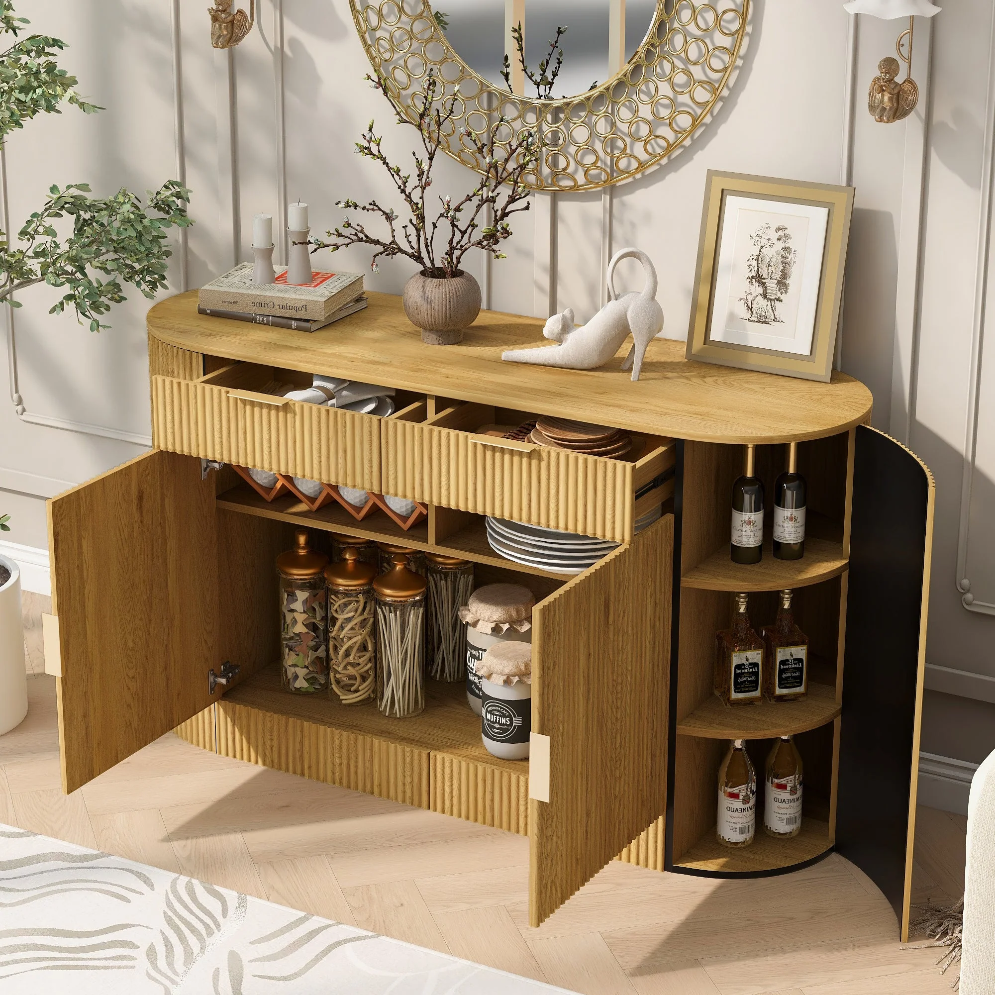 Modern Curve Design Fluted Storage Accent Cabinet / Sideboard