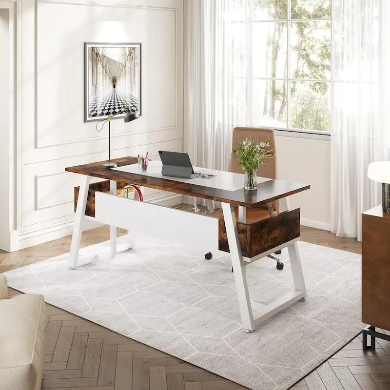 63 Inches Large Executive Desk with Bottom Shelves