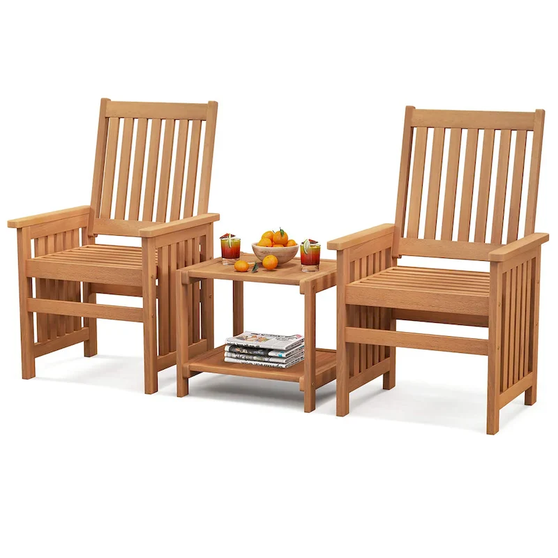 Gymax 3PCS Furniture Set w/ 1.5 Umbrella Hole Hardwood Table &