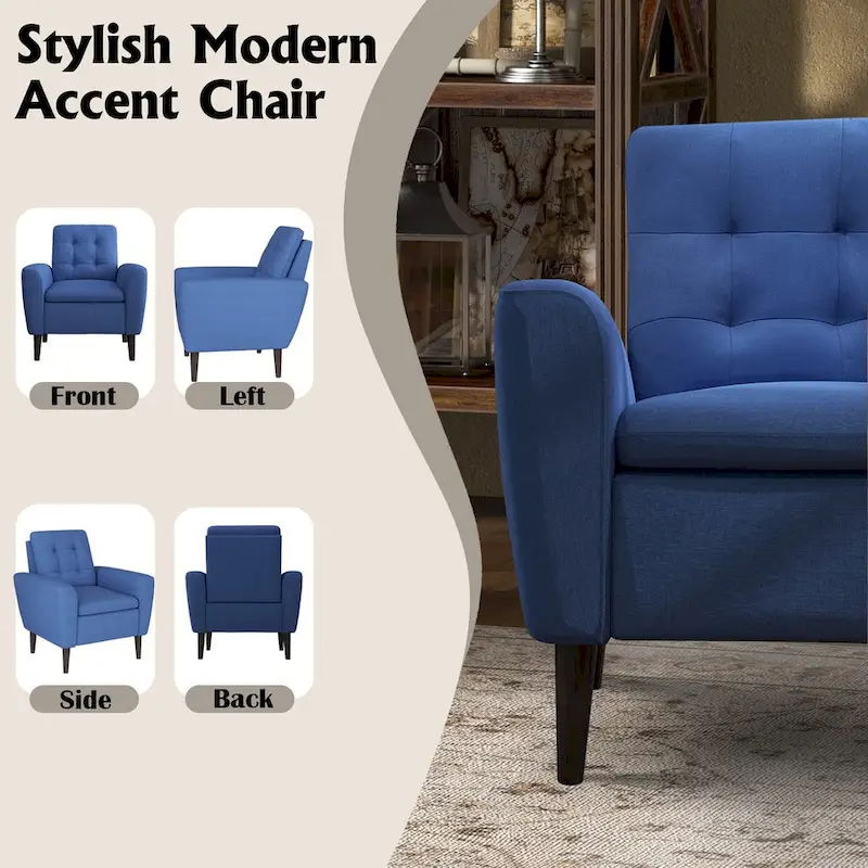 Button Tufted Fabric Accent Chair Armchair with Solid Sagwan Wooden Frame
