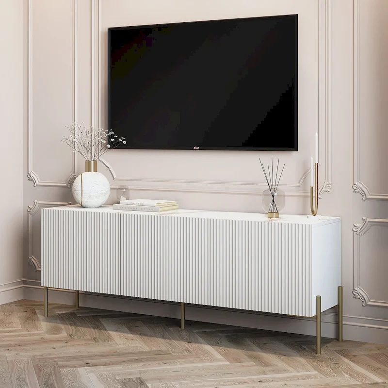 Living Skog Selline Beige TV Stand Console Fits TV's up to 65 in. with Metal Legs in Art Deco Design