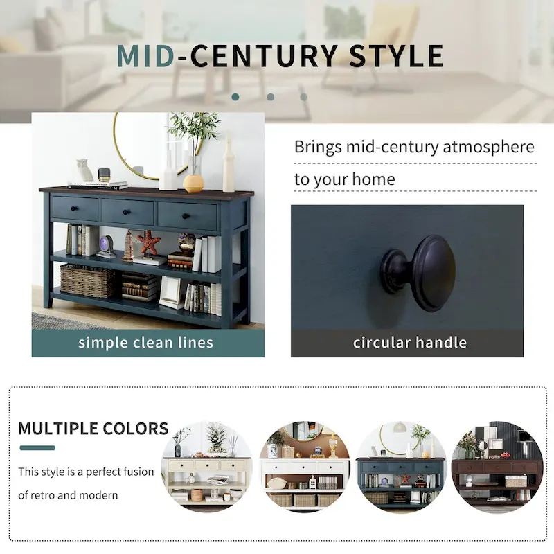 Pine Solid Wood Console Table with Two Open Shelves