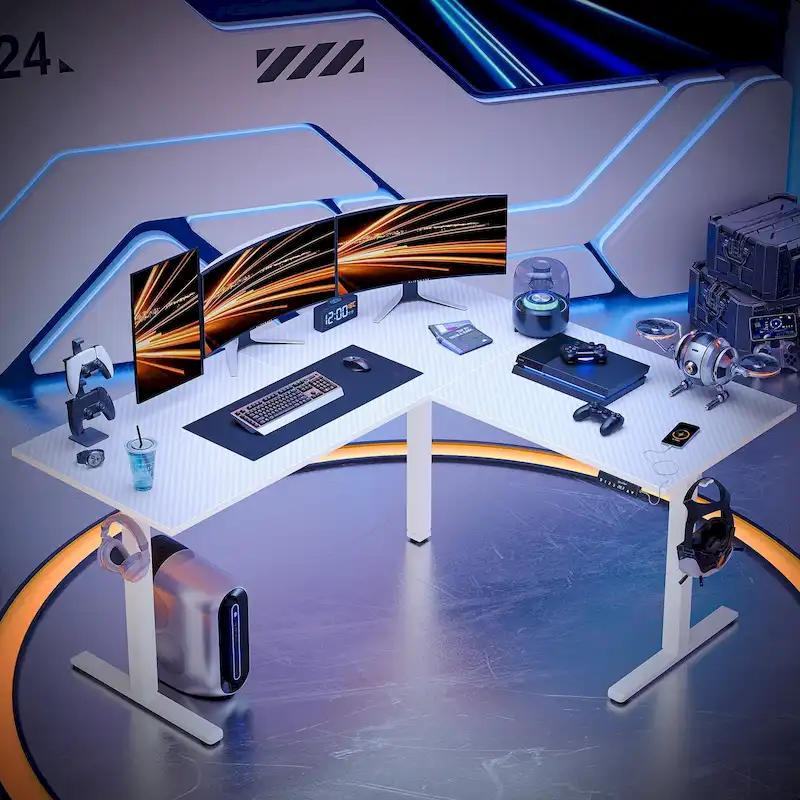 63  L Shaped Standing Desk Corner Desk LED Gaming Desk with Ergonomic Monitor Stand