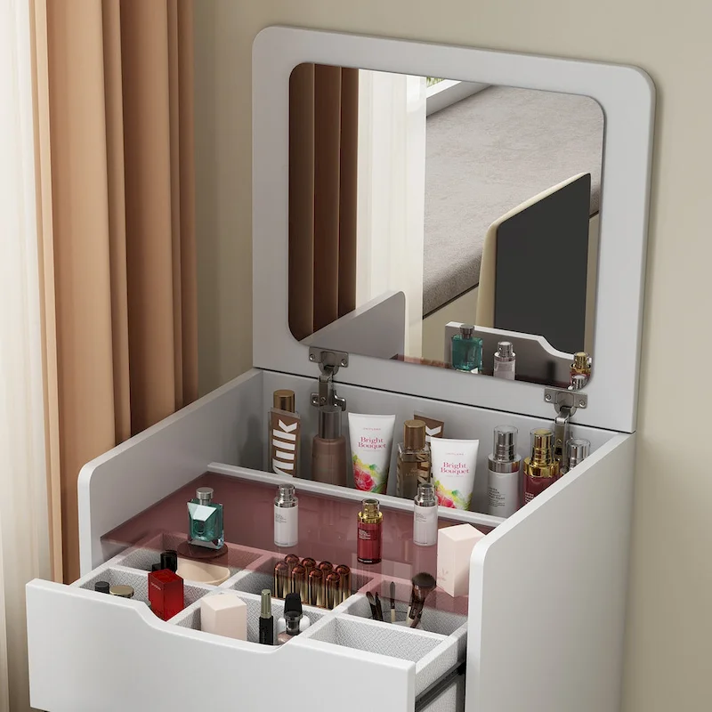 3 in 1 Vanity Desk with Plip Top Mirror,Small Make Up Vanity Set with Visible Glass Desktop,3 Drawers,Cushioned Tool