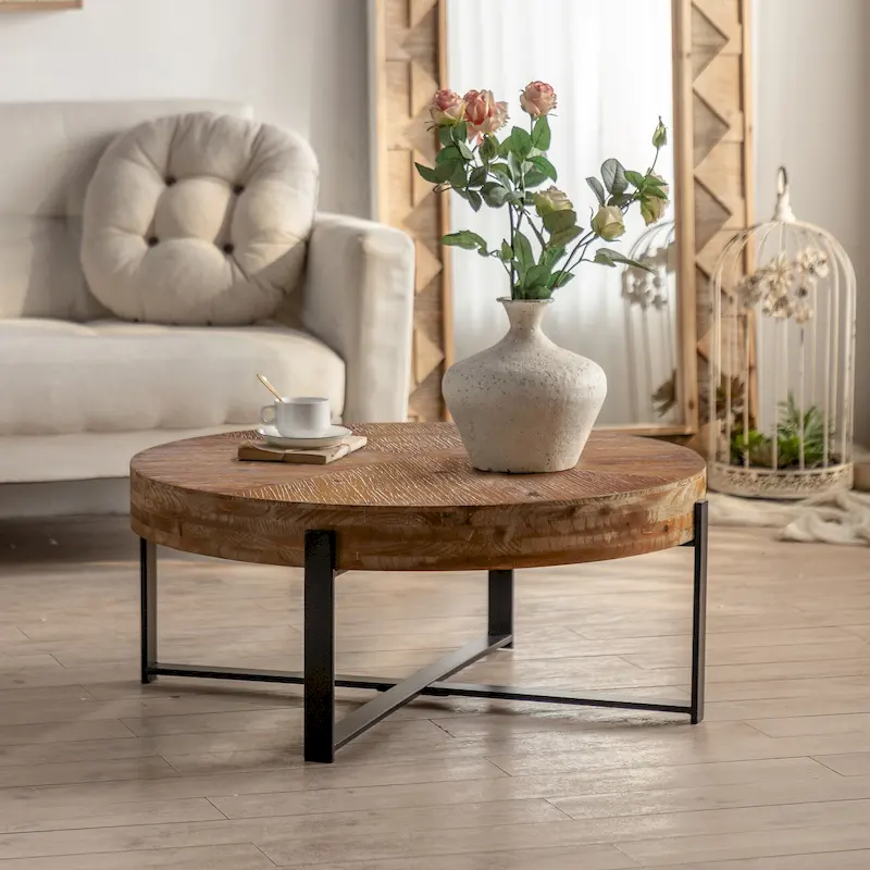 Modern Retro Stitching Round Coffee Table With Fir Wood Tabletop Black Cross Leg Base, for Living Room