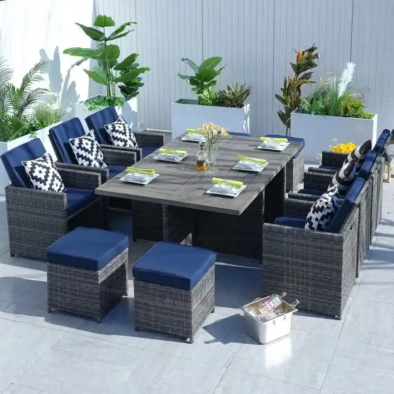 11-Piece Patio Wicker Aluminum Dining Table Set w/ Chairs and Ottomans