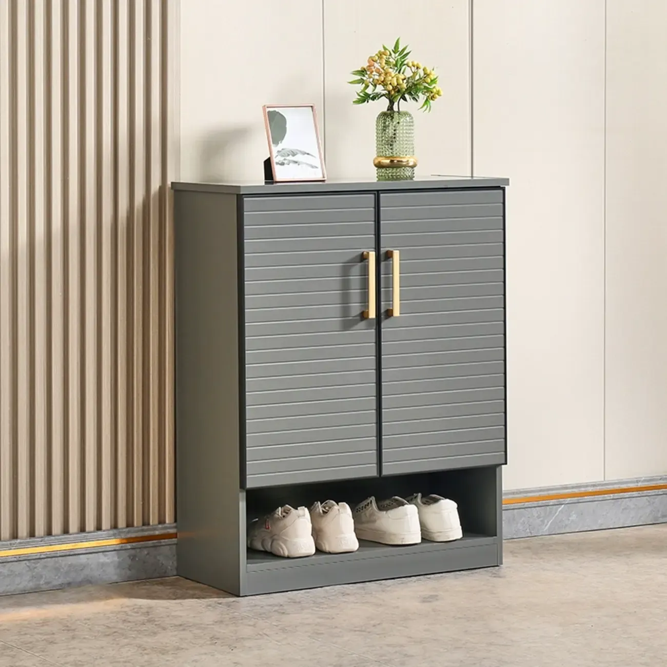 Metal Grey Shoe Cabinet with Open Bottom Shelf