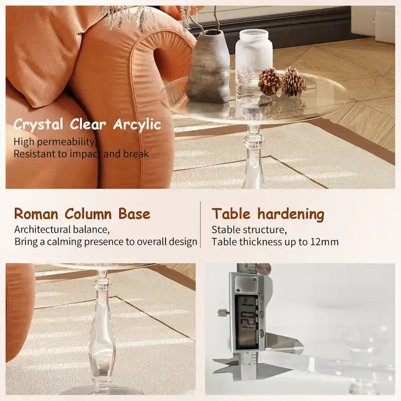 Clear Acrylic Round End Table Solid Post Side Table Nightstand - 18 Dia. x 19 H