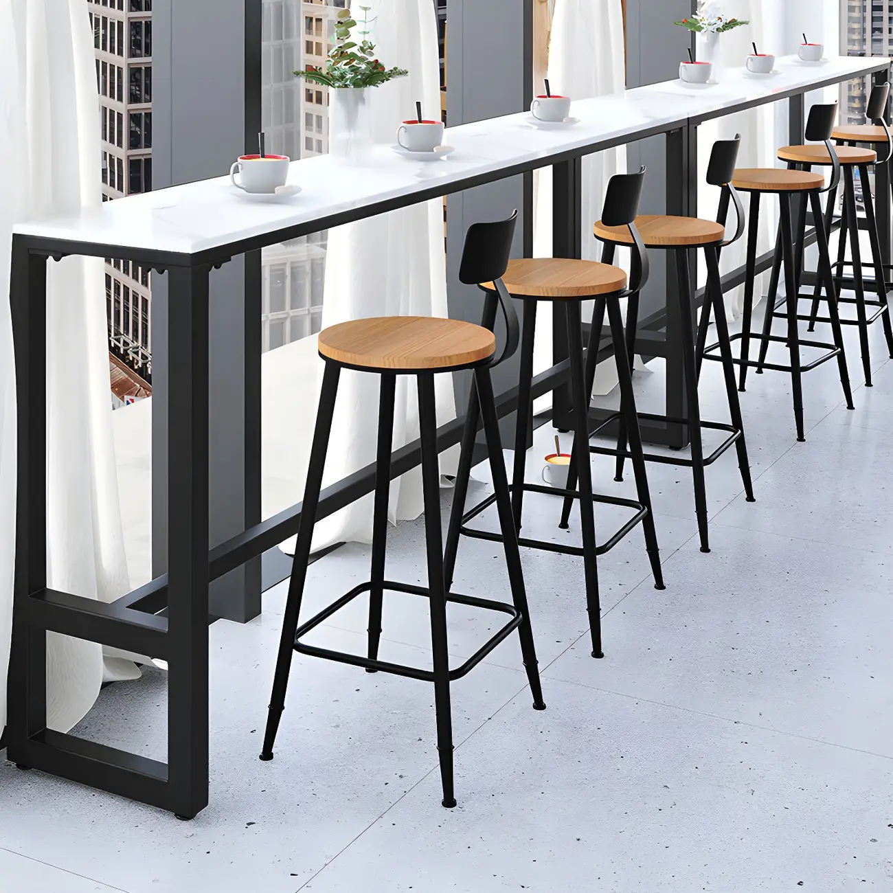 Rectangular White Marble Top Bar Tables with Iron Base