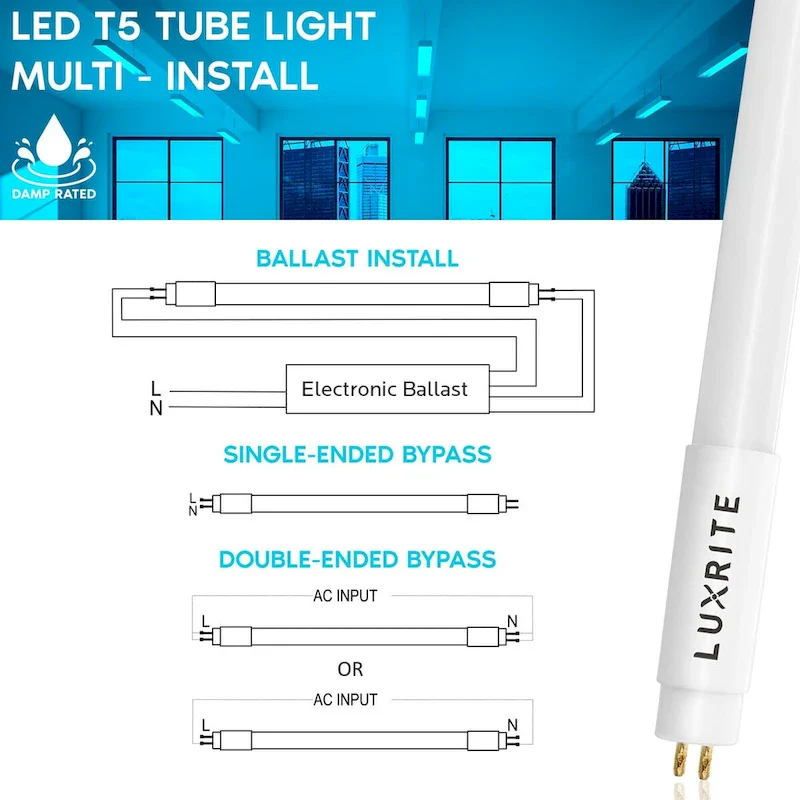 Luxrite 4FT T5 LED Tube Lights, 24W=54W, 45.78 , Ballast and Ballast Bypass Compatible, Damp Rated 12 Pack