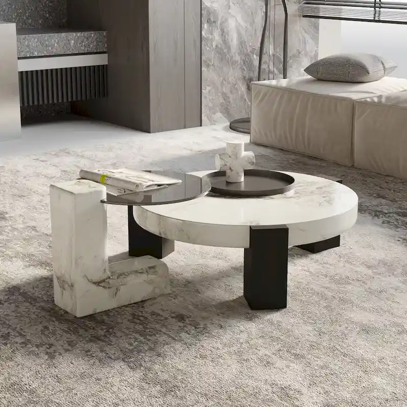 Modern Round Nesting Coffee Table Set of 2 With Glass Top