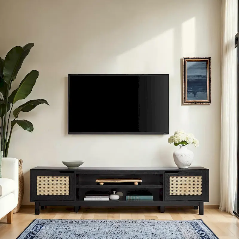 Newport Furnishings Scandi Faux Rattan TV Stand for TVs up to 75