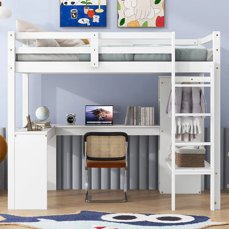 White Twin Size Solid Wood Loft Bed with L-shaped Desk, Wardrobe, and Shelves