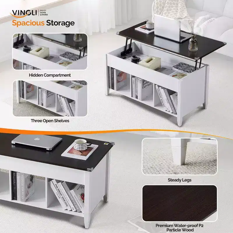 Adjustable Solid Wood Leg Double-Layer White Frame, Light Brown Panel with Wood Grain Finish, Rectangular P2 Board Coffee Table