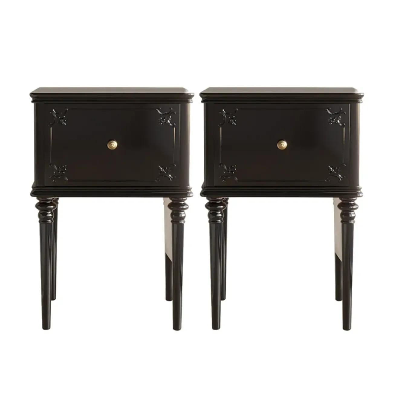 Traditional Black Wooden Carved Leggy Nightstand with Drawer