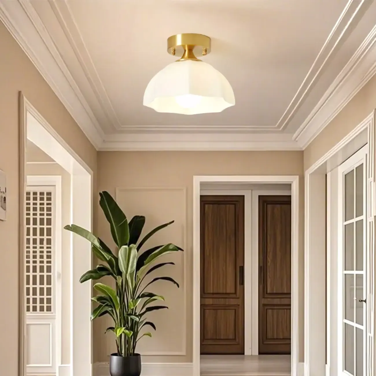 White Floral Glass Golden Semi Flush Ceiling Light