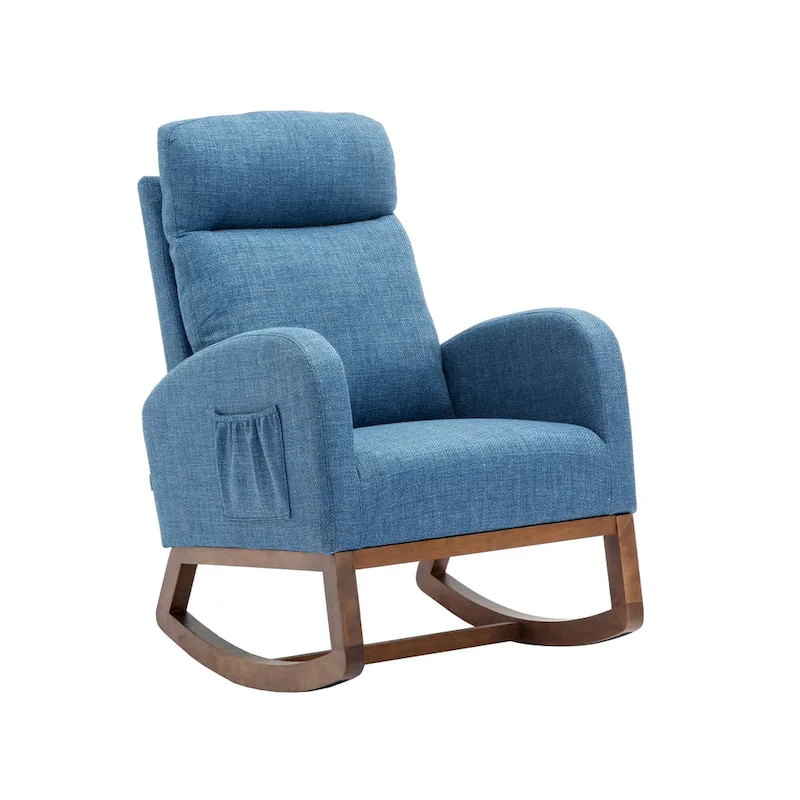 Blue 27 Upholstered Rocking Chair with Wood Legs and Convenient Side Pocket