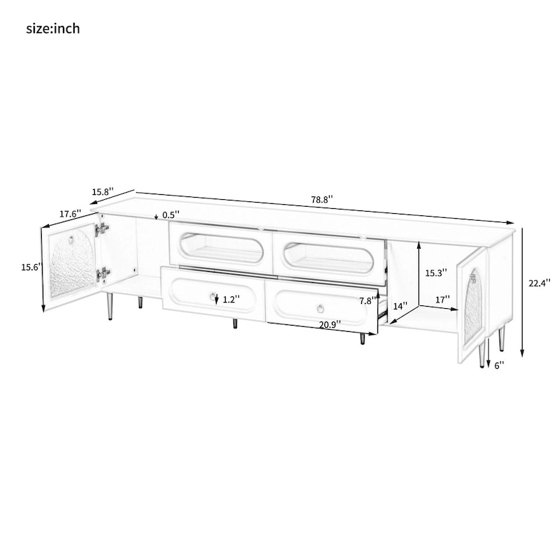 78.8 Retro TV Stand, Entertainment Center Media Console Cabinet with Six Metal Legs, 2 Cabinets, 4 Drawers