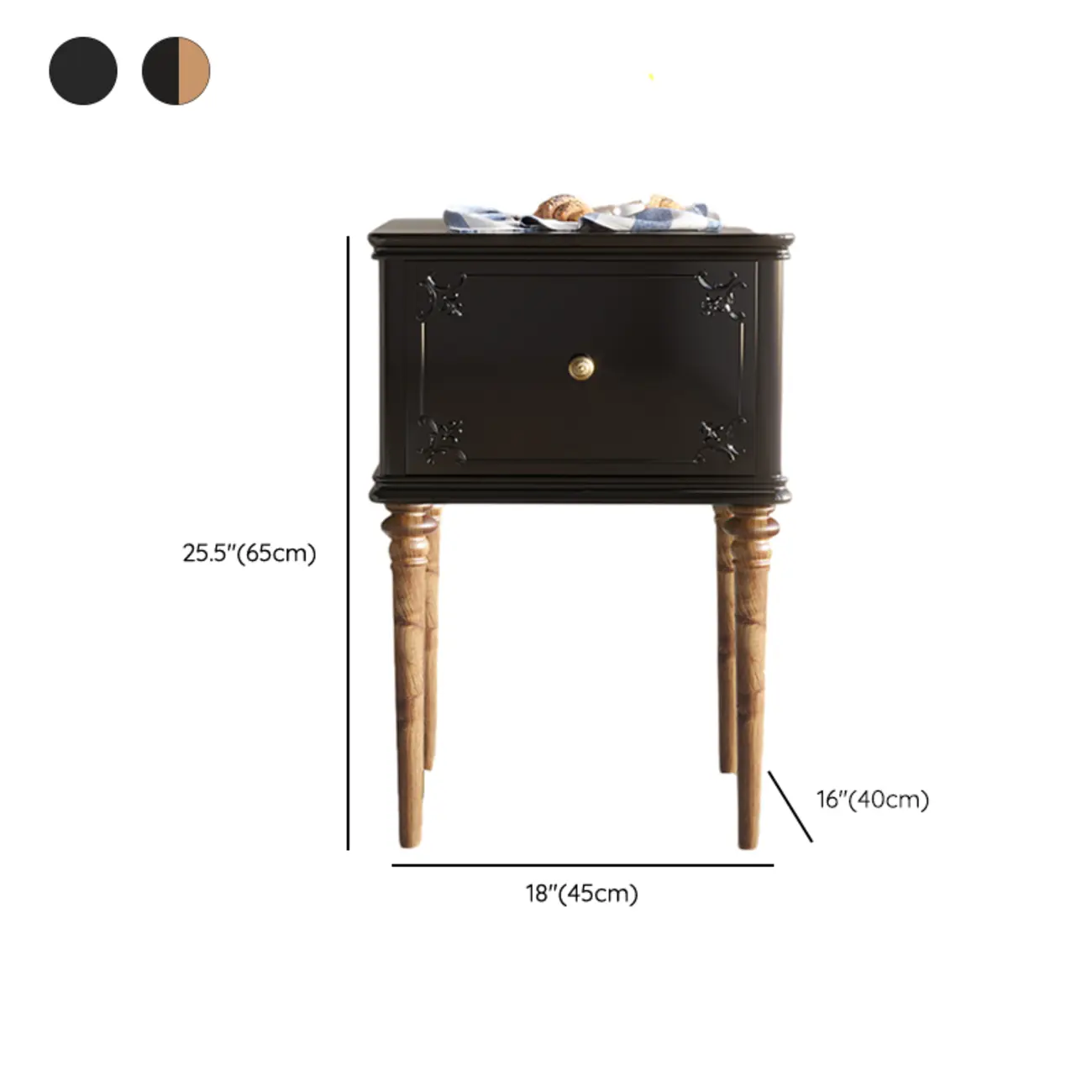 Traditional Black Wooden Carved Leggy Nightstand with Drawer