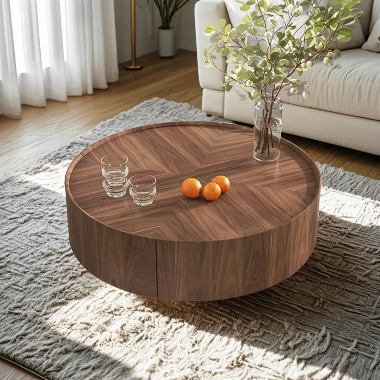 Brown Round Wood Tray Top 2 Drawers Coffee Table