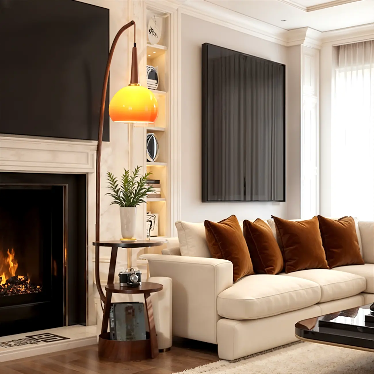 Orange Arc Standing Dome Floor Lamp with Side Table Dimmable