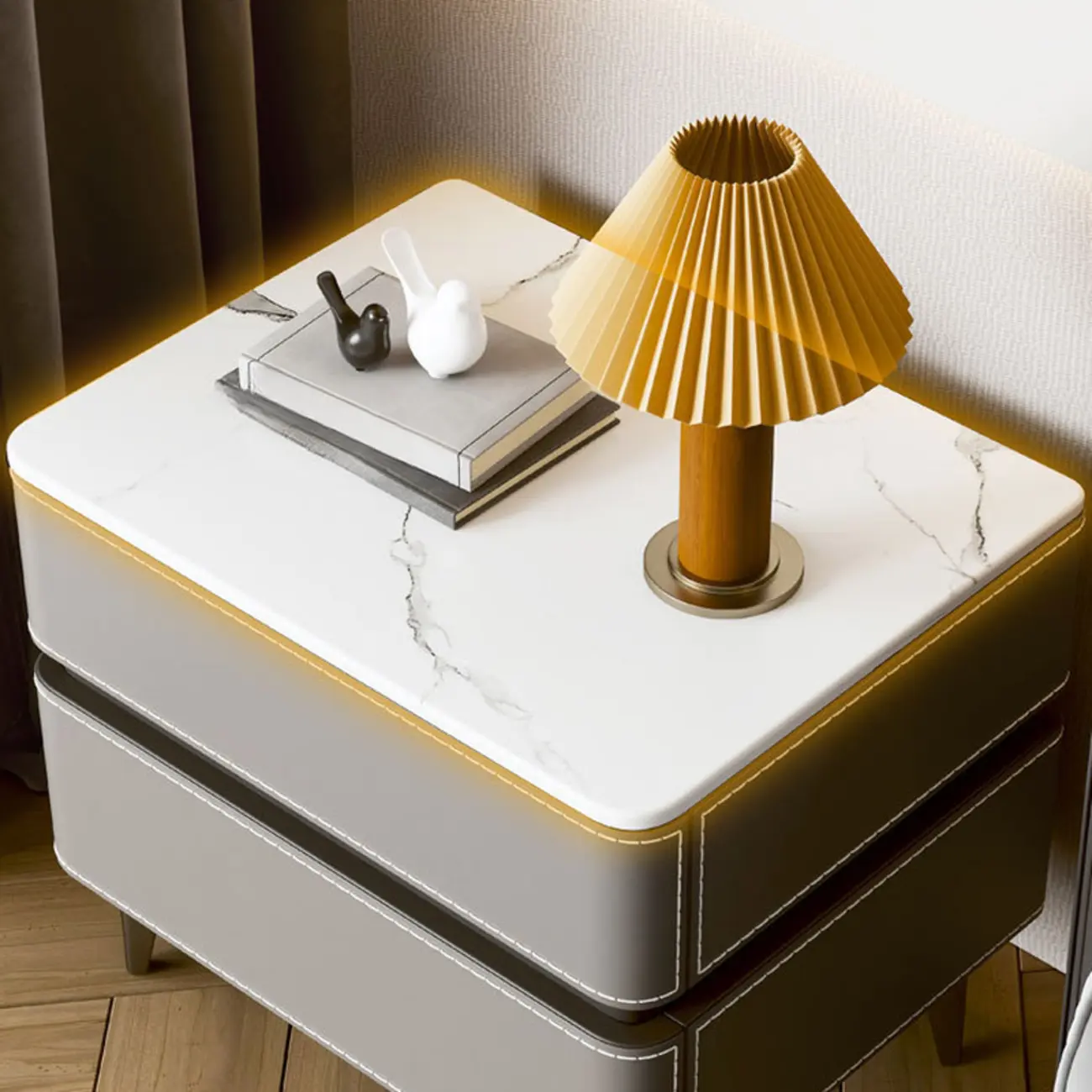 Modern Faux Leather Stone Top 2-Drawer Nightstand