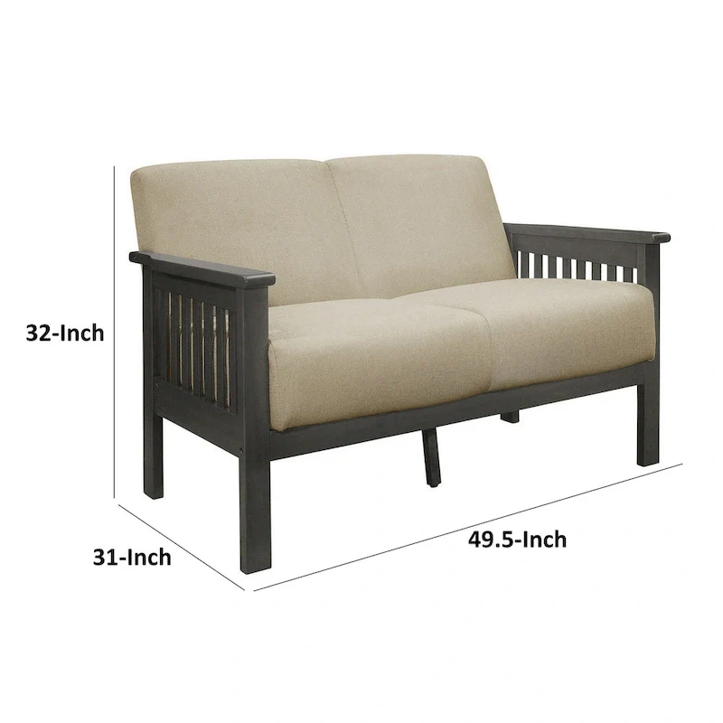 Wiston 50 Inch Loveseat, Beige Polyester, Dark Gray Solid Rubberwood