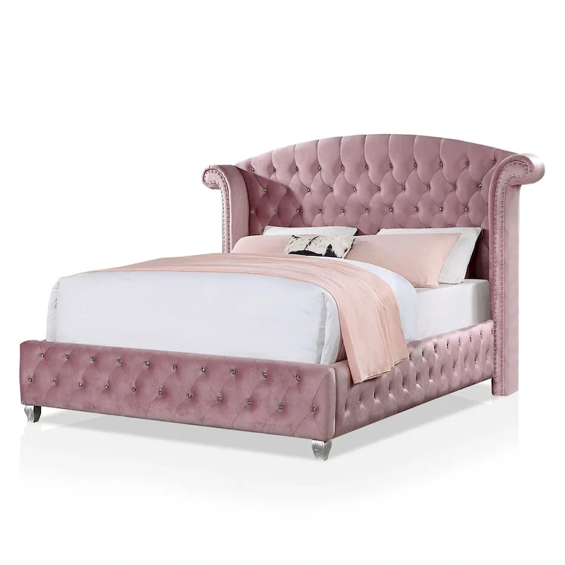 Vyvi Glam Upholstered Pink Button Tufted Wingback Panel Bed by Furniture of America