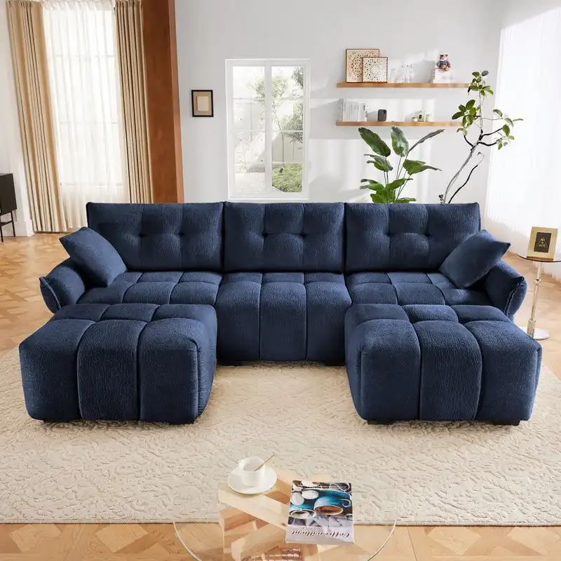 110.2  Chenille 3 Seater Upholstered Sofa, 2 Ottoman
