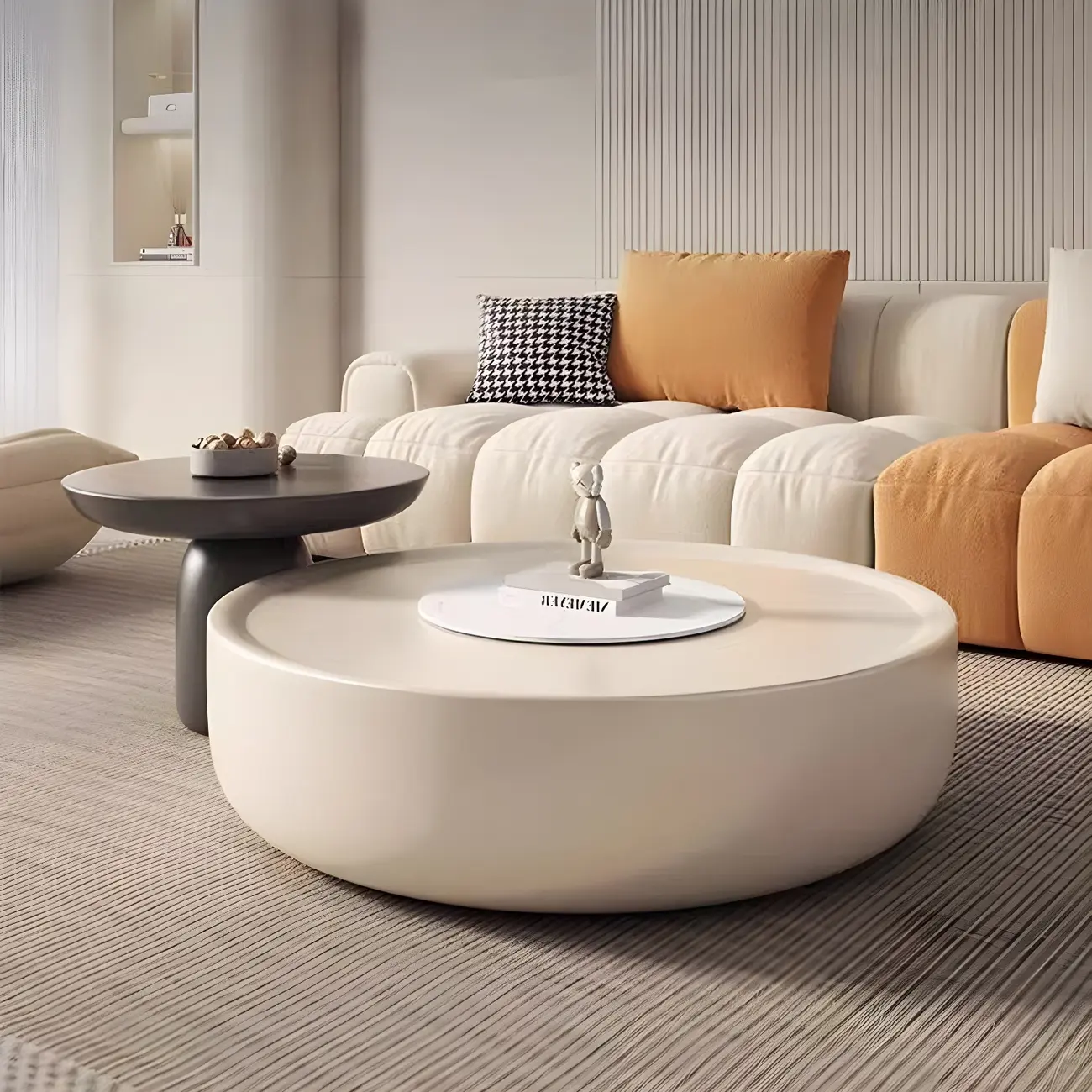 White Tray Top Stylish Round Wood Drawer Coffee Table